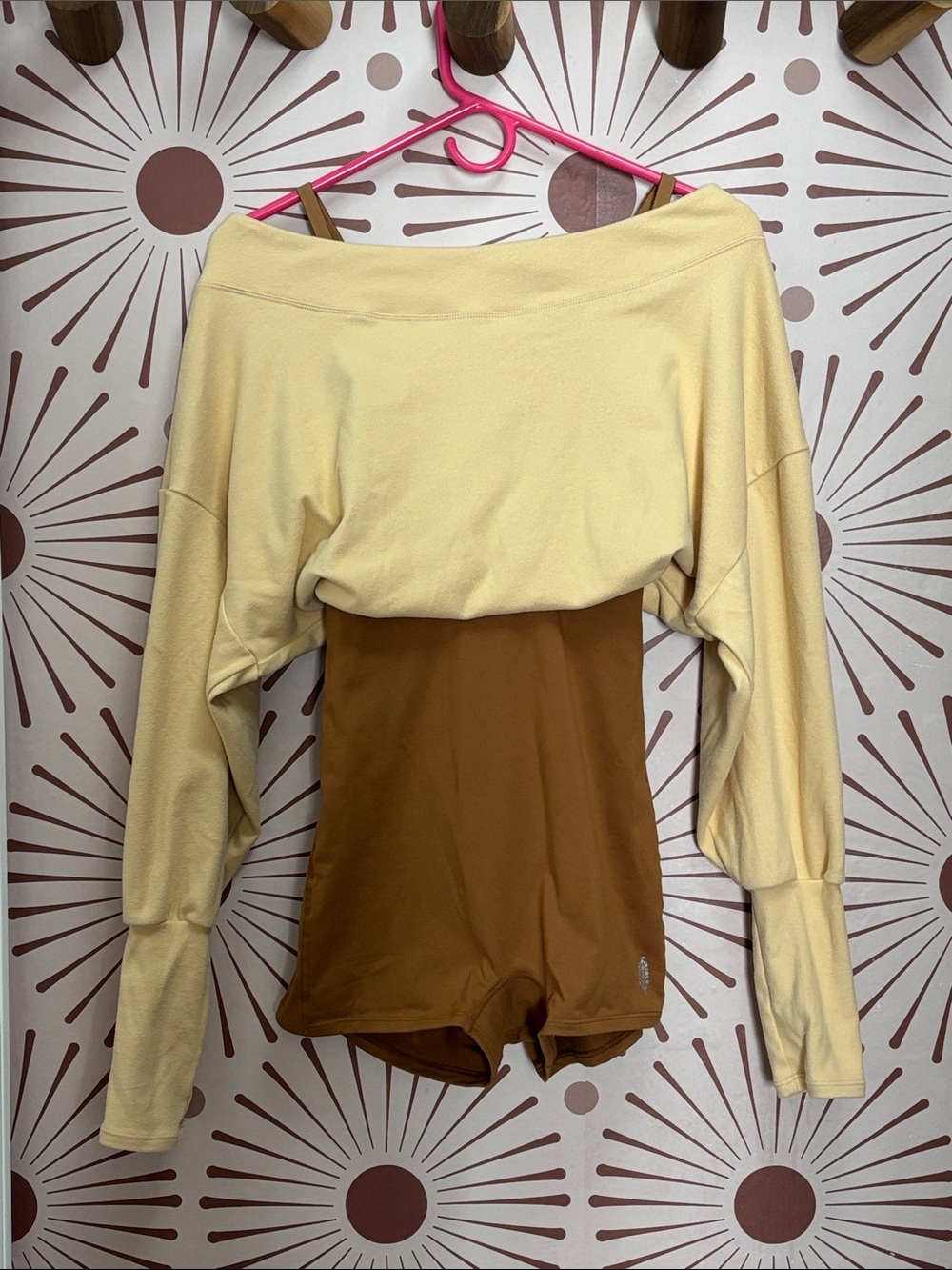 FP Movement Cropped Off-Shoulder Romper in Pale Yellow & Tan